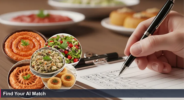 A judge's pen hovering over a scoring sheet at a Beirut food tasting, with traditional Lebanese dishes like muhammara in the background, symbolizing AI career rankings.