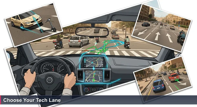 A driver's perspective at a chaotic Beirut intersection, with a GPS screen showing multiple routes representing AI bootcamp choices in Lebanon.