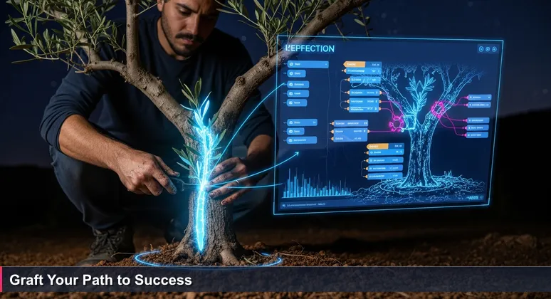 An olive farmer in Lebanon's Chouf mountains grafting a branch onto a tree, symbolizing the fusion of global cybersecurity skills with local industry roots.