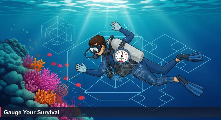 A scuba diver in clear blue water, one hand reaching towards a vibrant coral reef, the other checking a depleting oxygen gauge, symbolizing the balance between opportunity and cost for tech pros in Beirut.