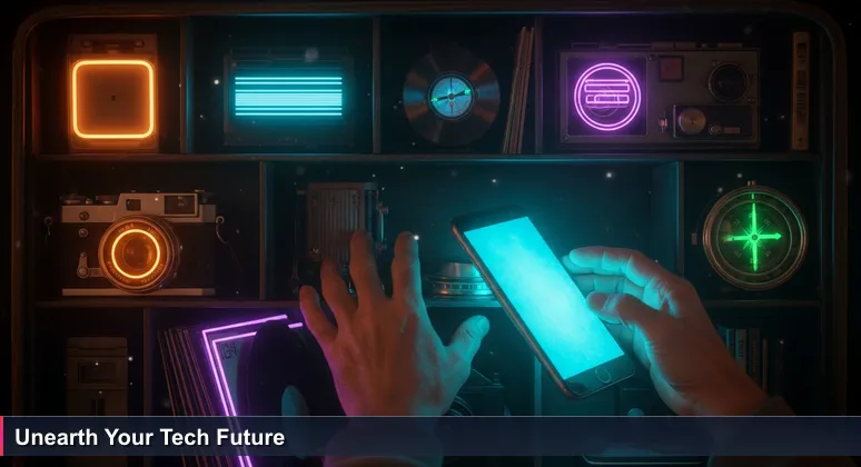 Weathered hands searching through vintage items at a Beirut flea market, with a modern smartphone glowing among them, symbolizing hidden tech opportunities in Lebanon.