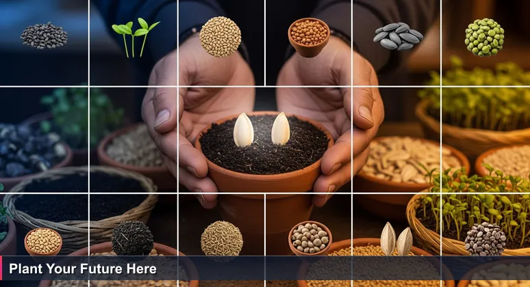 A close-up of a farmer's hands in a Lebanese souk, holding seeds against dark soil in a terracotta pot, with baskets of sprouts blurred in the background.