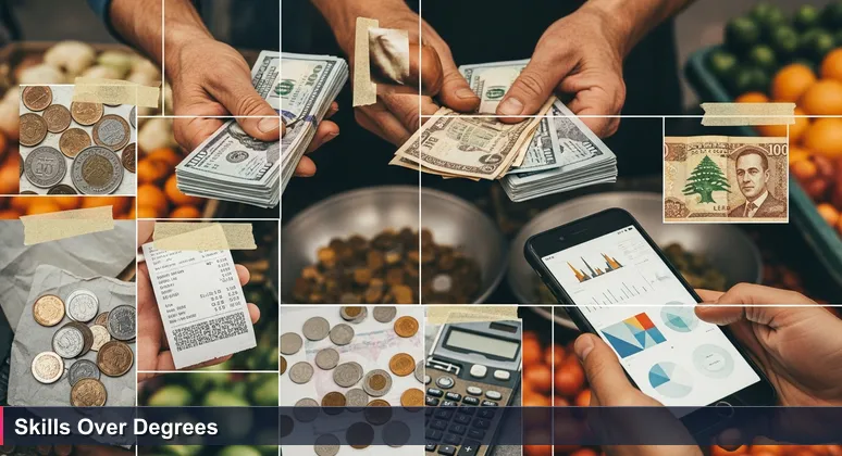 A Beirut market vendor's hands counting fresh USD and crumpled Lebanese Lira bills, with a smartphone displaying a digital tech portfolio on screen.
