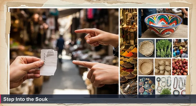 A close-up of hands at a vibrant Beirut souk, one holding a 'Top 10' list, the other gesturing towards interconnected market stalls, symbolizing Lebanon's women in tech network.
