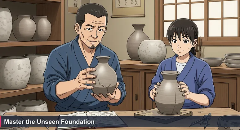 A Korean master potter in an onggi workshop inspects a ceramic vase for a hidden flaw, symbolizing the need to understand foundational principles in AI careers.