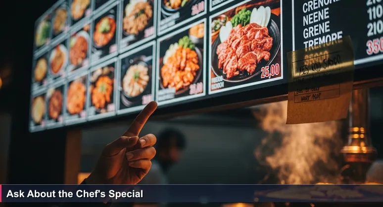 A hand points at a glowing Korean BBQ menu board with tech company names and salaries, focusing on a handwritten note for the chef's special career opportunities.