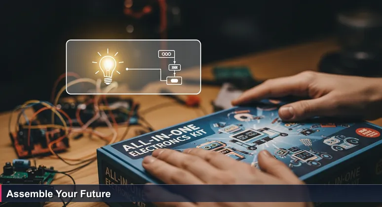 Hands holding a premium tech kit box with robot and chip graphics, symbolizing the decision to enter South Korea's competitive tech job market