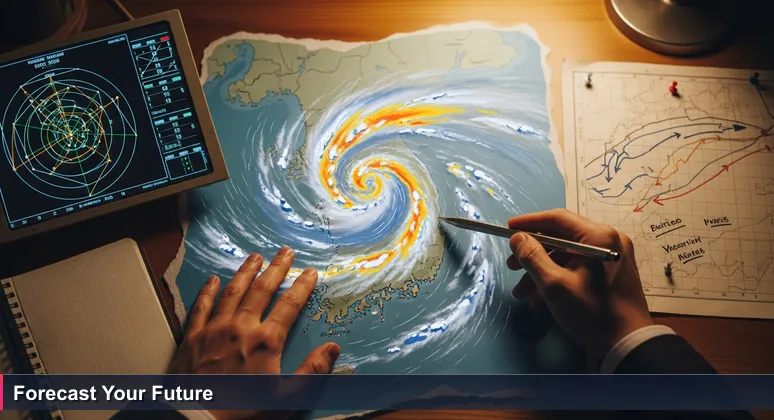 A weather forecaster's hands gesturing over a glowing digital map of South Korea, with satellite data and paper charts in the background, symbolizing AI career forecasting.