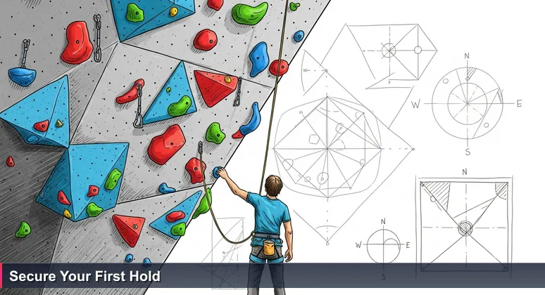 A determined individual at the base of a modern climbing wall, reaching for the first hold, symbolizing the journey to secure funding for tech training in South Korea.
