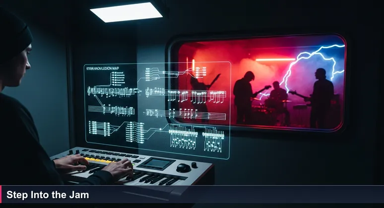 A solo musician practicing in a soundproof room, with a vibrant jam session visible through a window, symbolizing AI community networking in South Korea.