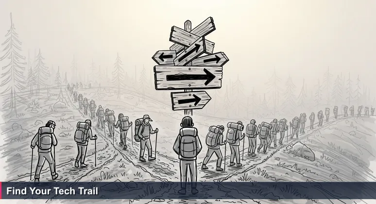 A foggy mountain trail junction at dawn with hikers and signs pointing to tech career paths like Samsung SSAFY and Naver BoostCamp in South Korea.