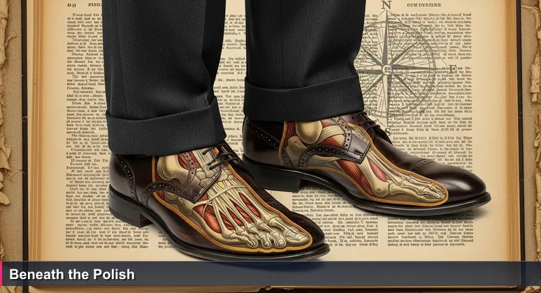 Close-up of polished leather shoes with worn soles under crisp suit trousers, symbolizing hidden financial strain in South Korea's tech sector.