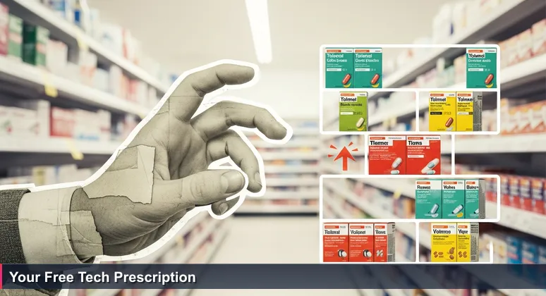 A close-up of a hand hovering in front of a brightly lit pharmacy aisle with rows of identical boxes, symbolizing the overwhelming choice in free tech training options in South Korea.