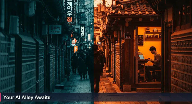 A person at a traditional Korean alley in Insadong, looking towards a lit hanok workshop with an artisan using digital tools, symbolizing hidden AI career opportunities in South Korea.