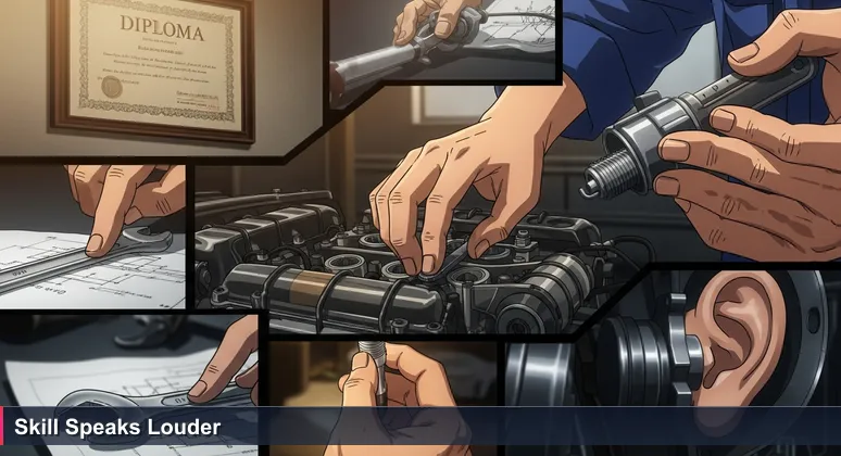 Skilled mechanic's hands tuning an engine, with a dusty diploma in background, representing skill-based tech careers in South Korea.