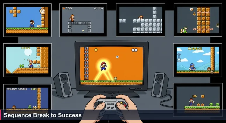 A video game controller in hands, with screen showing a character performing a sequence break in a 2D platformer, symbolizing innovative career paths for junior developers in South Korea.