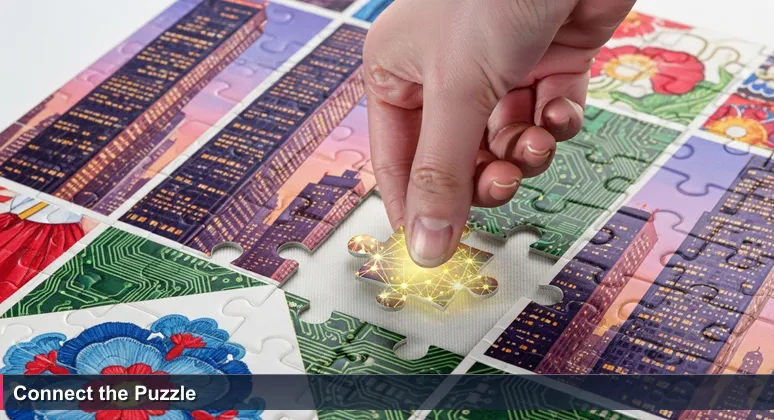 A hand placing the final puzzle piece into a jigsaw with tech elements like circuit boards and Korean hanbok patterns, symbolizing career networking for women in tech.