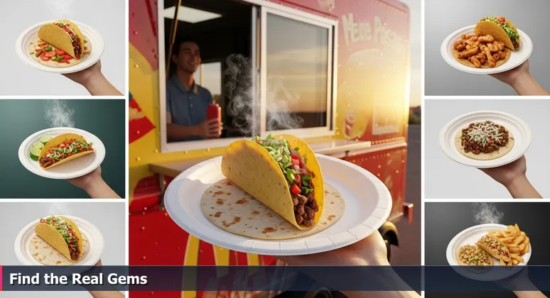 Close-up of a customer at an El Paso food truck receiving a steaming taco, with a generic billboard in the background, symbolizing authentic AI startups beyond surface hype.