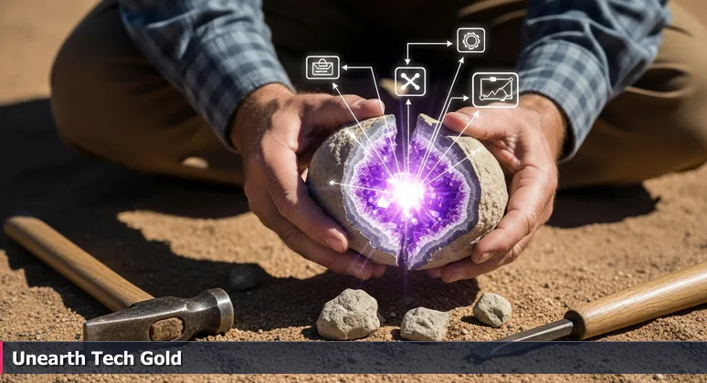 Close-up of prospector's hands cracking open a rock to reveal a sparkling geode, symbolizing hidden tech opportunities in El Paso, Texas for 2026.