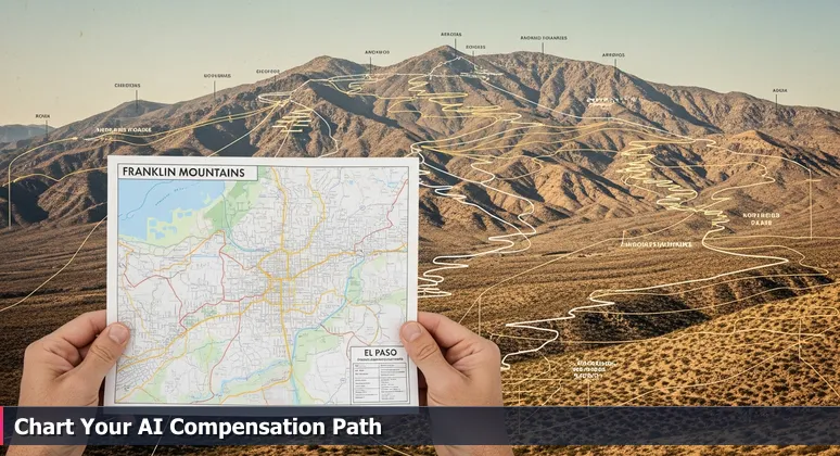 Hands holding a simple tourist map of El Paso against the complex Franklin Mountains terrain, symbolizing the nuanced navigation of AI salary data for 2026 careers