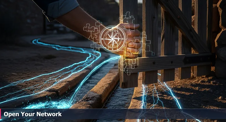 A gardener's hand opening a weathered wooden acequia gate, releasing water into dry desert irrigation channels, symbolizing AI community connections in El Paso