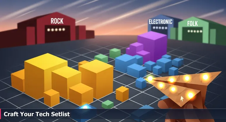 A hand holding a colorful, highlighted festival schedule with blurred music stages in the background, symbolizing career choices in El Paso's diverse tech scene.