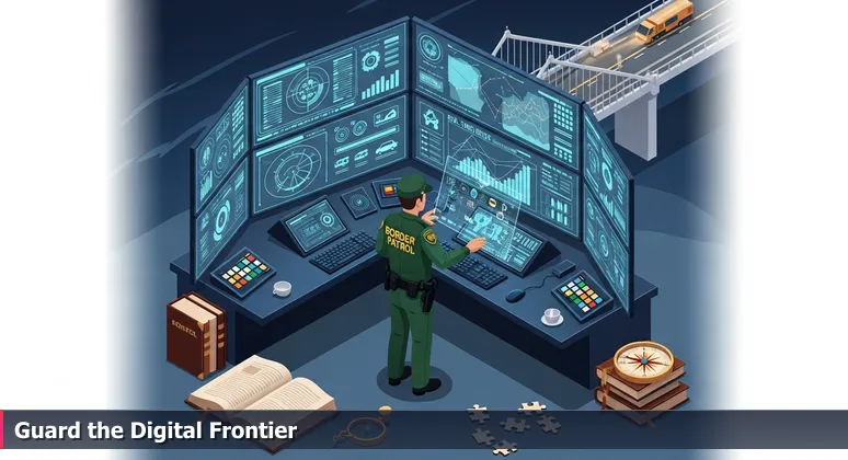 A cybersecurity analyst in El Paso's command center, intently monitoring digital dashboards with data streams and maps of the Borderplex region.