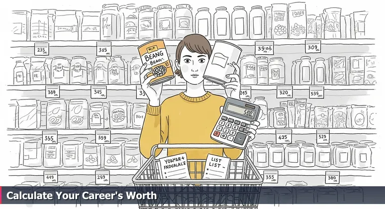 A person in a grocery aisle comparing price tags on cans of beans with a calculator app open, symbolizing the strategic evaluation of tech career affordability in El Paso.