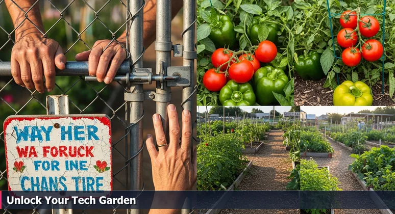 Hands hesitating at a chain-link fence gate in front of a vibrant El Paso community garden, symbolizing free access to tech education and opportunity.