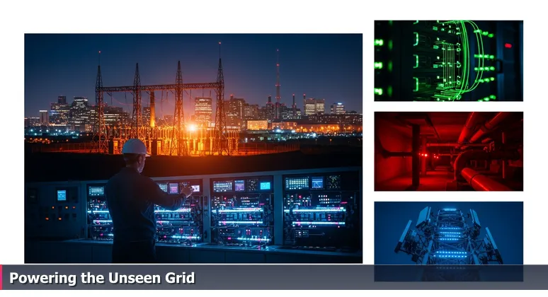 A technician at dusk inspecting a switchboard at an El Paso electrical substation, with the city's illuminated skyline featuring hospitals and warehouses in the background.