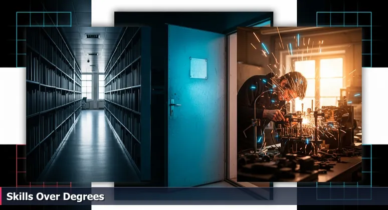 A dim library with shelves of books and an open back door revealing a sunlit workshop where a technician works on electronic equipment.
