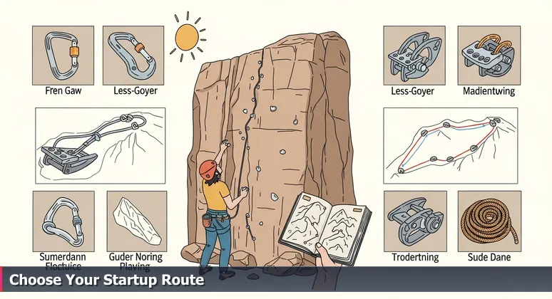 A rock climber assessing climbing routes on a sunlit rock face in the Franklin Mountains near El Paso, Texas, holding an open guidebook.