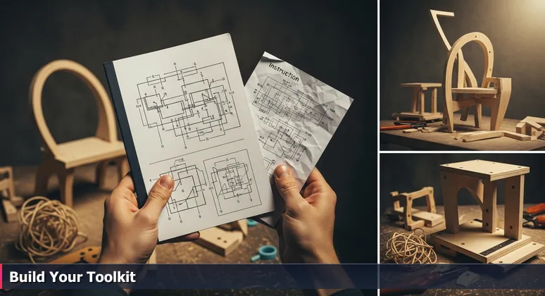 Hands holding glossy and handwritten furniture instruction booklets with a custom half-built piece, symbolizing building a unique tech career in El Paso, TX.