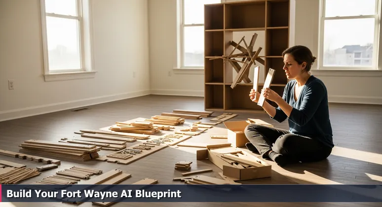 A person in Fort Wayne frustrated with assembling furniture, symbolizing the challenge of learning AI without a local-focused blueprint.