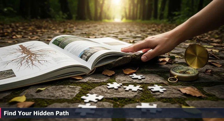 A hand brushing aside leaves to reveal a hidden cobblestone path in Fort Wayne's Foster Park, symbolizing the discovery of funding options for tech training.