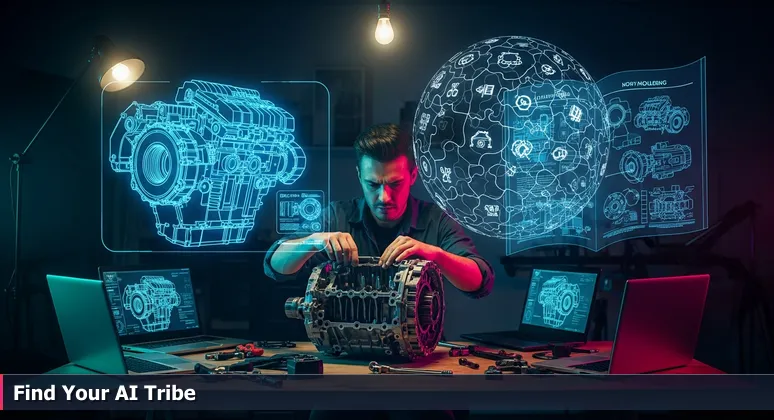 A solitary person in a dim garage, surrounded by tools and glowing laptop screens, looking frustrated while trying to assemble an engine, symbolizing the isolation of solo AI learning.