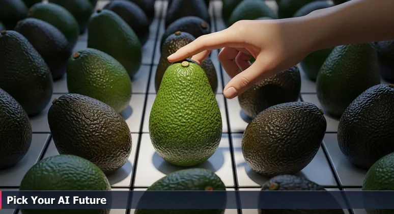 Close-up of hands at a grocery store produce section, gently squeezing avocados to assess ripeness, symbolizing career choice decisions for AI engineers in Fort Wayne.