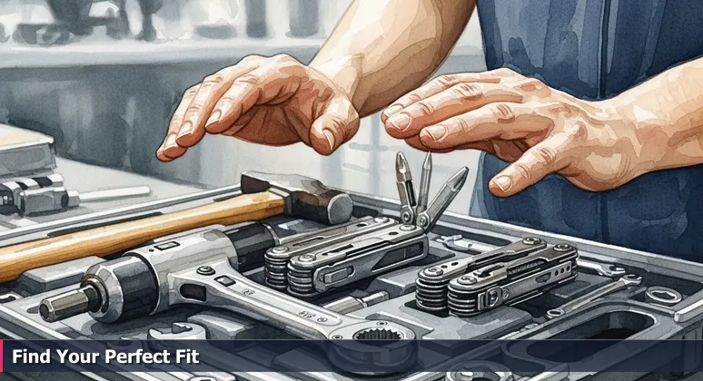 A person's hands hesitating over an open toolbox with tools like a torque wrench and hammer, symbolizing tech career choices in Fort Wayne, IN.