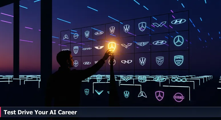 Silhouette of a person in a car dealership at dusk, examining a window sticker on a vehicle, symbolizing the careful choice of an AI bootcamp for Fort Wayne careers.