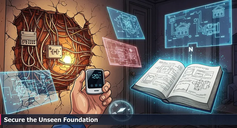 Close-up of a hand holding a smart thermostat beside exposed, tangled knob-and-tube wiring in an old house wall, symbolizing cybersecurity upgrades in Fort Wayne's foundational systems.