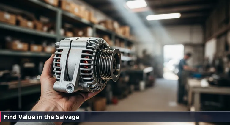 Grease-stained hands holding a clean alternator in a Fort Wayne salvage yard, representing AI's role in retrofitting traditional industries with intelligence.