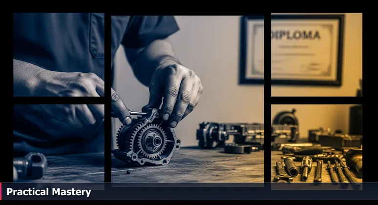 Skilled hands assembling an engine part in a Fort Wayne machine shop, symbolizing practical tech mastery over formal education.