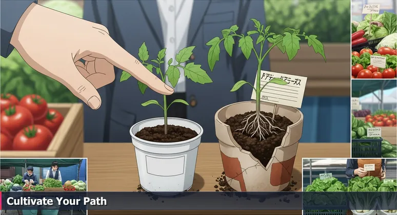 A hand at a Fort Wayne farmer's market choosing between two tomato seedlings, one in a labeled plastic pot and one in a clay pot with a note 'Grown with Mentor Compost', symbolizing career decisions for junior developers.