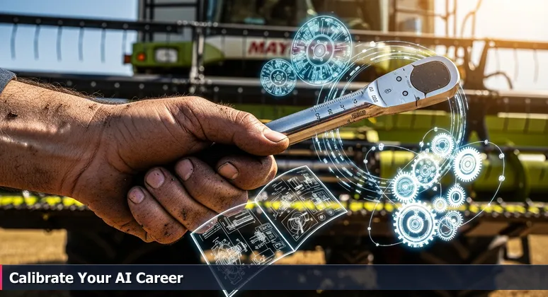A close-up of a skilled hand holding a torque wrench against the blurred background of a harvesting combine, symbolizing precision AI application in Bakersfield's industries.