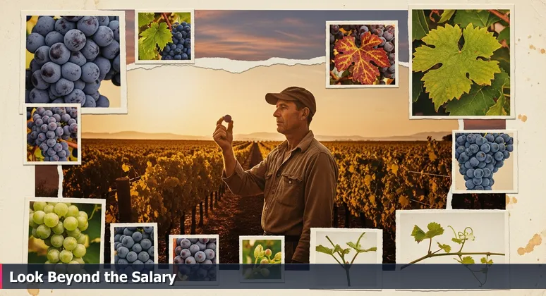 A winemaker in a Kern County vineyard at dusk, holding a grape up to the light, symbolizing the deep evaluation of tech job offers in Bakersfield.