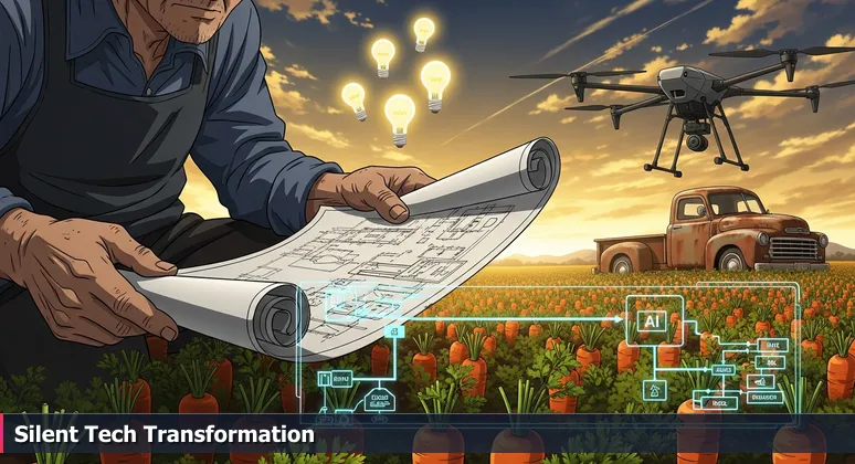 Weathered hands holding a blueprint over a carrot field, with AI irrigation schematics, an old truck, and a modern drone in the background.