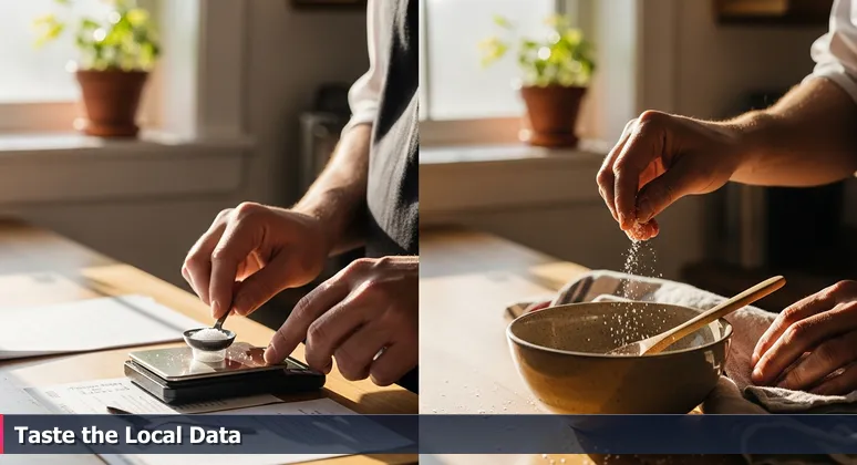Chef's hands in a Bakersfield kitchen: one following a printed recipe, the other adjusting with local Kern County salt, symbolizing customized AI skill development for Kern County industries.