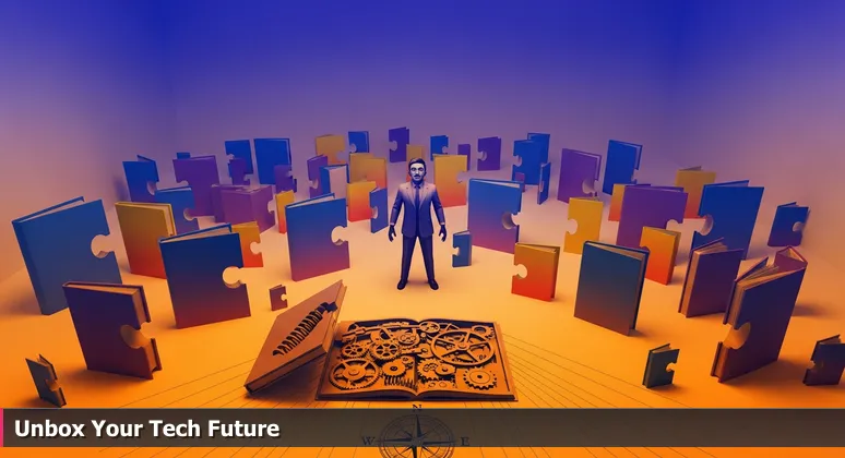 A determined person in a Bakersfield setting surrounded by unopened boxes, with one open box revealing tech tools like laptops, symbolizing the search for funding to advance in tech careers.