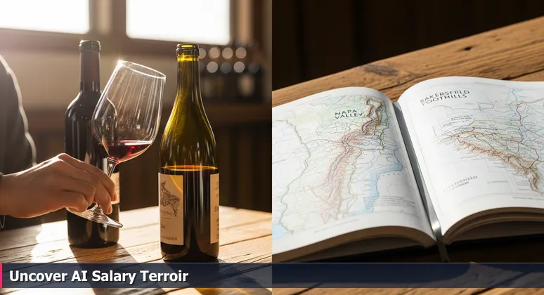 Close-up of two wine bottles with labels from Napa Valley and Bakersfield, symbolizing the comparison of AI salary values in different regions