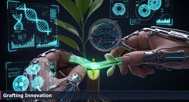 Close-up of weathered hands grafting a citrus bud onto sturdy rootstock in a Bakersfield orchard, symbolizing AI networking and growth in Kern County's community.